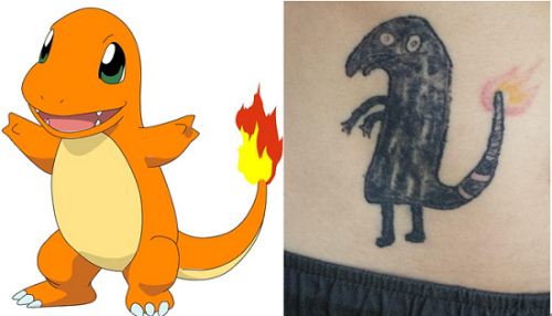 图左为“宠物小精灵”动漫形象中的小火龙，图右为男子醉酒后给自己纹身的“小火龙”。
