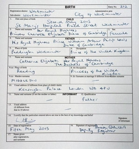 英国小公主正式“落户”威廉王子填出生证明（图）