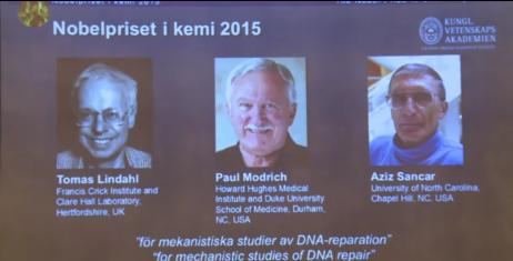 3位科学家因“DNA修复的机制研究”获诺贝尔化学奖