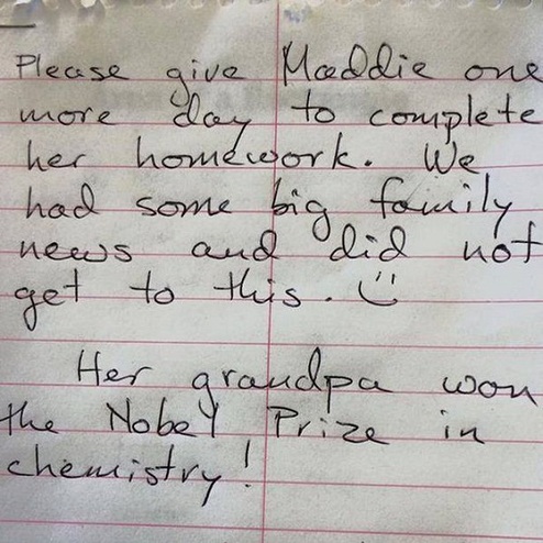 英女童不交作业之最霸气理由：祖父获诺贝尔奖了