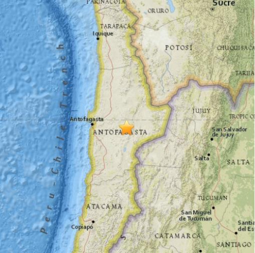 智利北部地区发生5.6级地震震源深度约100公里