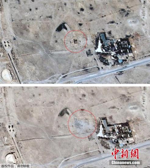 当地时间2015年8月27日，叙利亚帕尔米拉，卫星云图显示遭IS极端武装炸毁前后的巴尔-夏明神庙地区对比图。