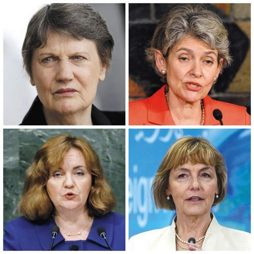 女候选人：按顺时针顺序分别为海伦·克拉克、伊琳娜·博科娃、韦斯娜·普希奇、纳塔利娅·盖尔曼