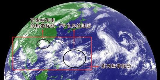 台风进入活跃期 华南华东将受影响目前西北太平洋上有多个热带扰动。（底图为12日15时向日葵8号卫星云图）