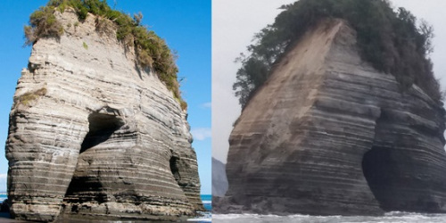 “大象岩”原本的样子(左)和被震掉“鼻子”的“大象岩”